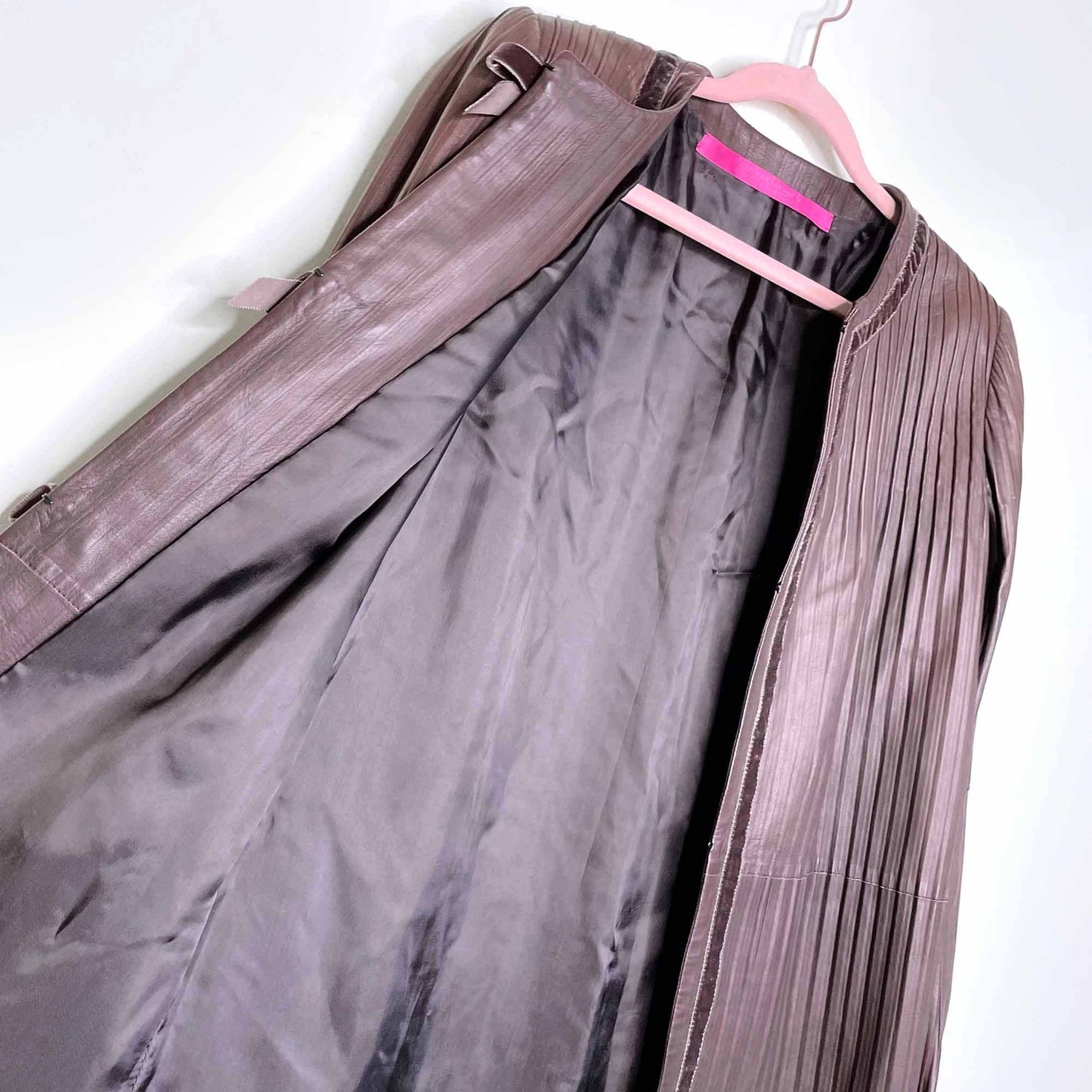 emanuel ungaro long brown leather jacket with velvet trim - size xs/sm