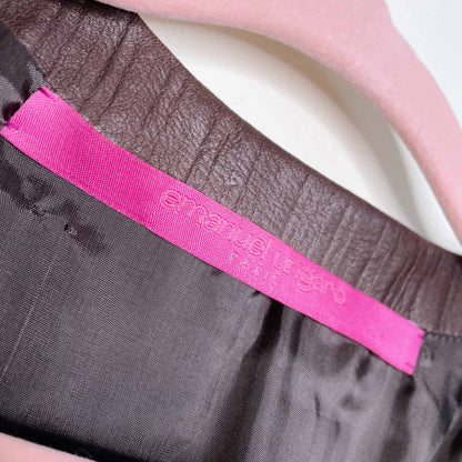 emanuel ungaro long brown leather jacket with velvet trim - size xs/sm