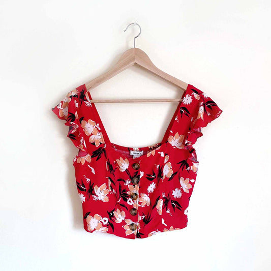 Forever 21 red floral button down crop top flutter sleeve - size Medium