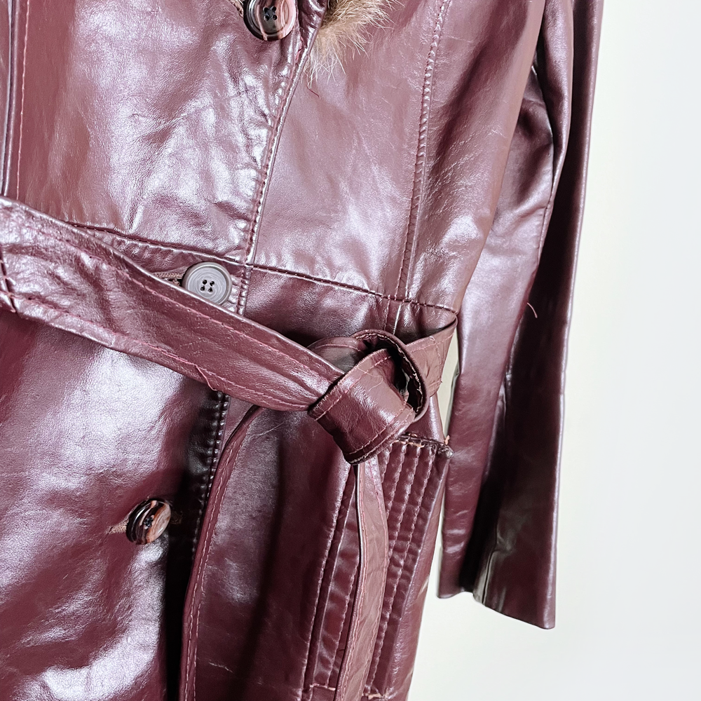 vintage fairweather leather trench coat with fur collar - size 7/8