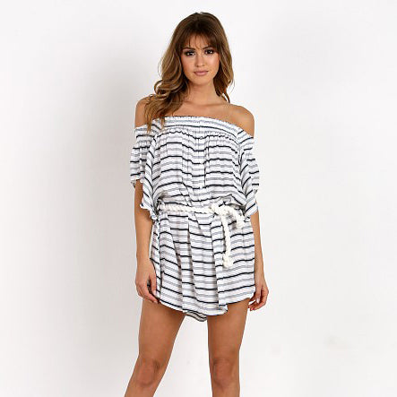 faithfull the brand off shoulder dress in amsterdam stripe - size 2