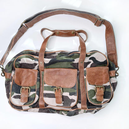 fossil camo duffle bag with brown leather trim