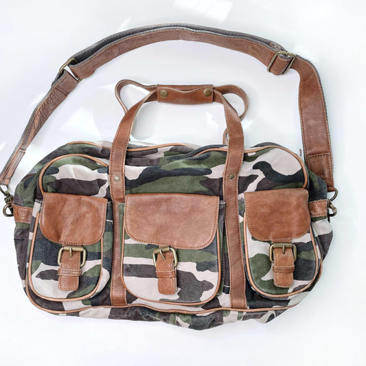 fossil camo duffle bag with brown leather trim