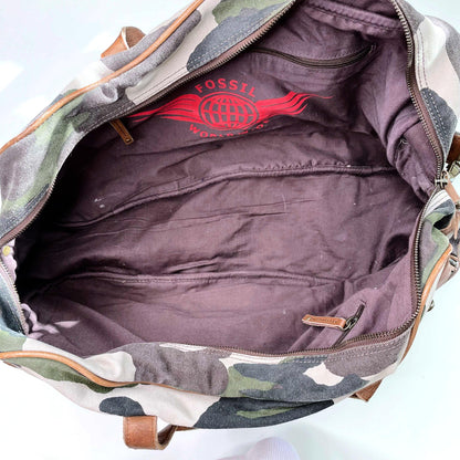 fossil camo duffle bag with brown leather trim