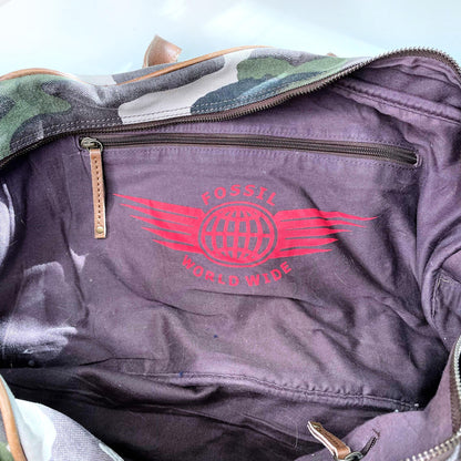 fossil camo duffle bag with brown leather trim