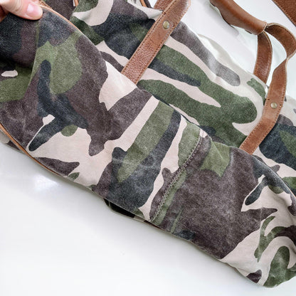 fossil camo duffle bag with brown leather trim