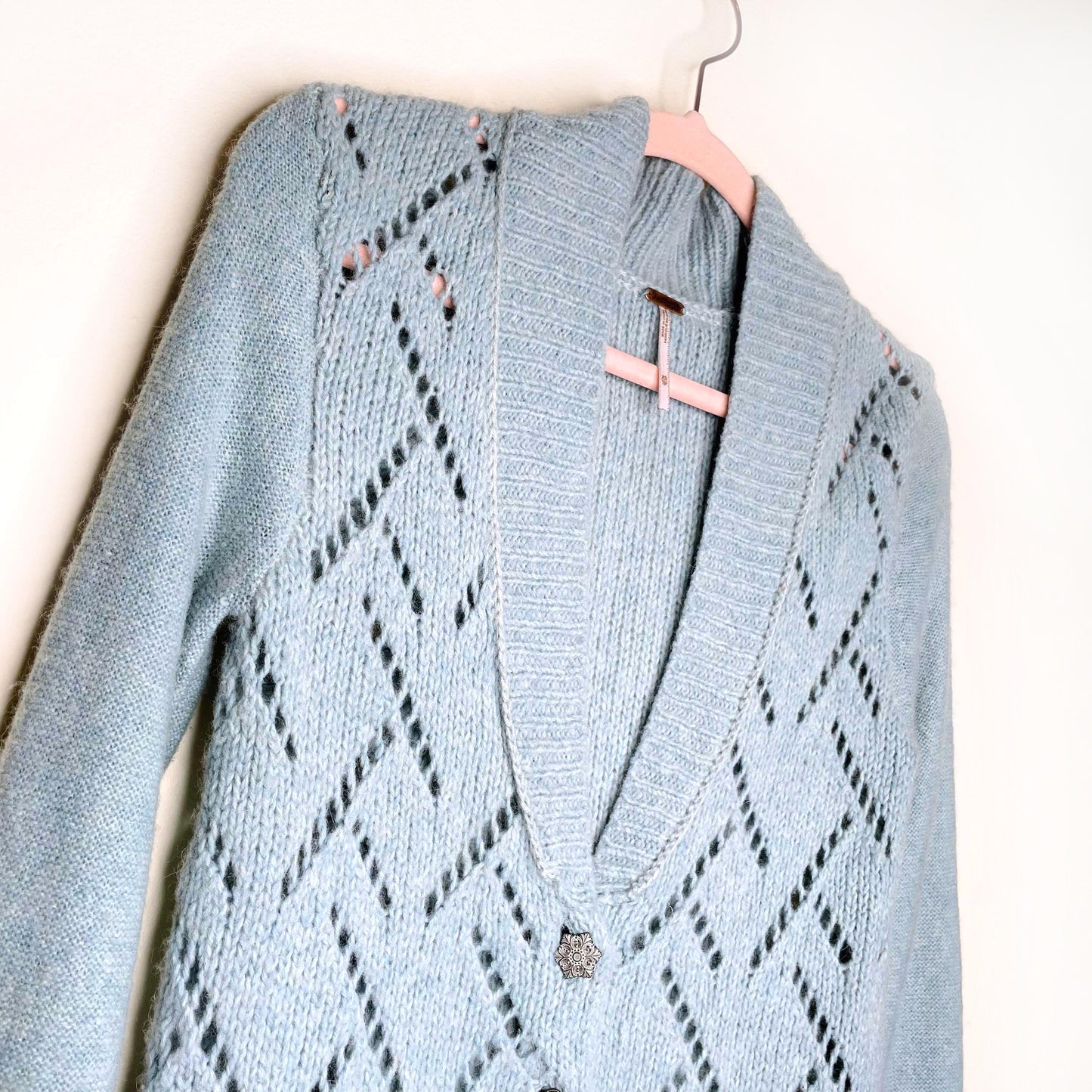 free people wool-blend knit cardigan with lace peplum hem - size xs