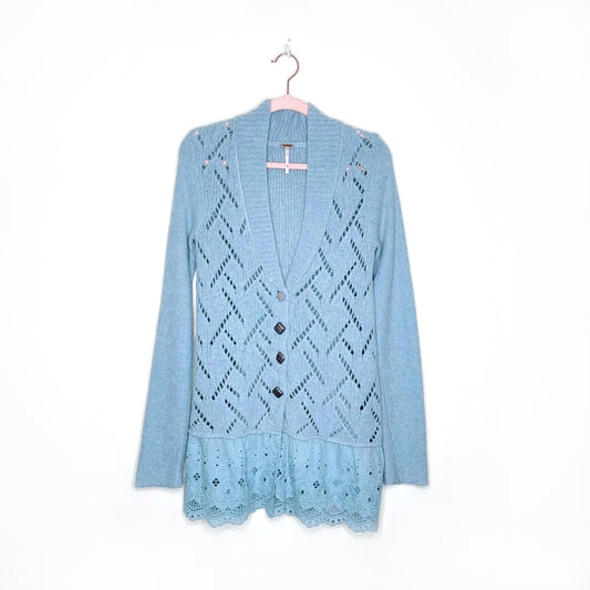 free people wool-blend knit cardigan with lace peplum hem - size xs