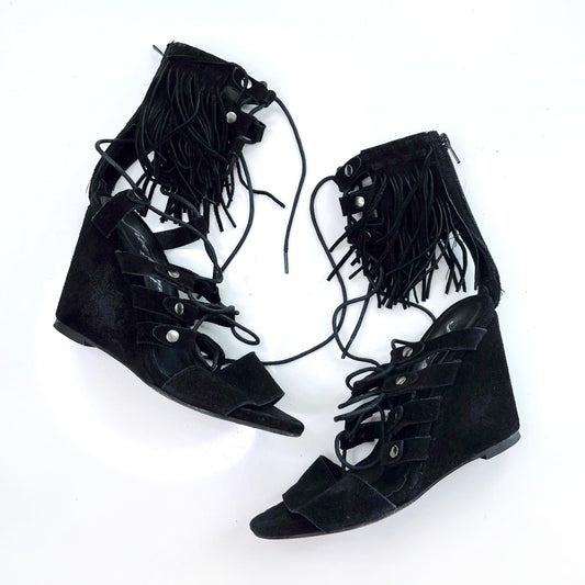free people solstice black suede gladiator fringe sandals - size 38
