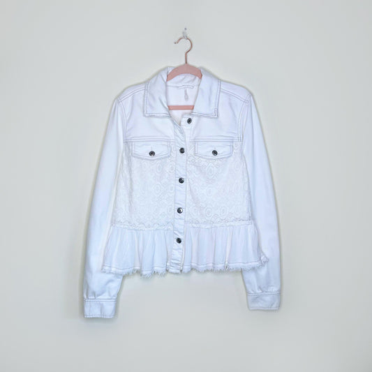 free people white denim and lace jacket with peplum hem - size 10
