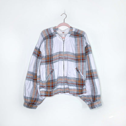 free people mattie plaid farmcore cotton bomber jacket - size medium