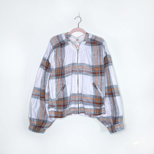 free people mattie plaid farmcore cotton bomber jacket - size medium