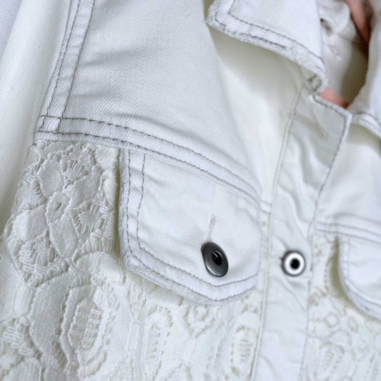 free people white denim and lace jacket with peplum hem - size 10