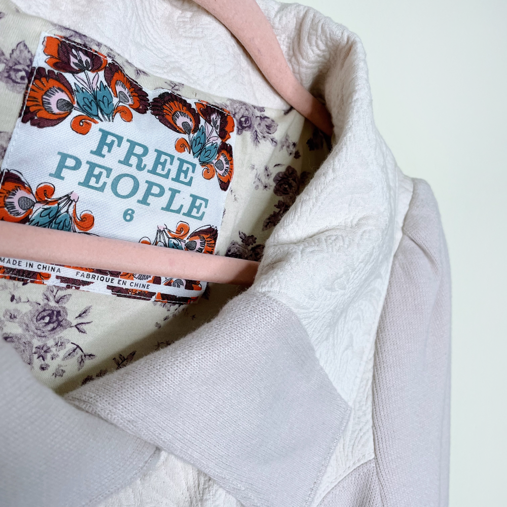 free people cream knit jacket with brocade trim - size 6