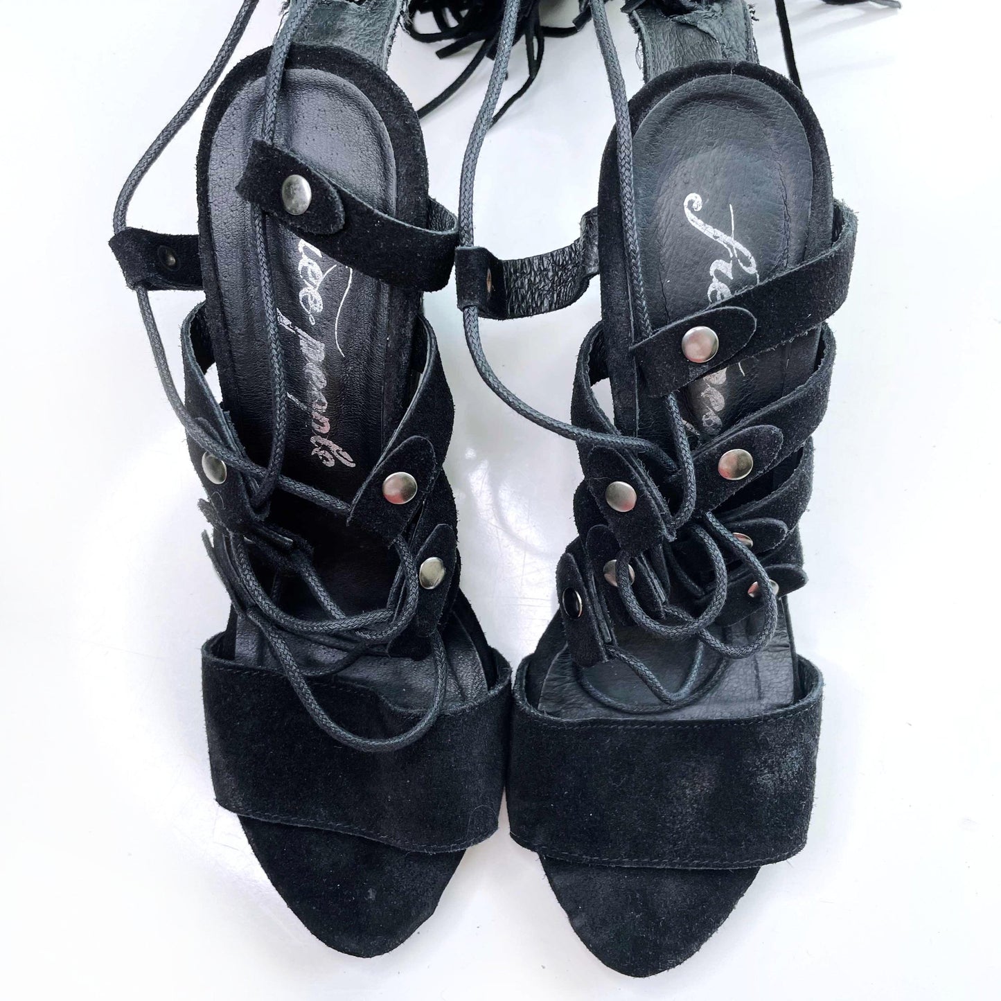 free people solstice black suede gladiator fringe sandals - size 38