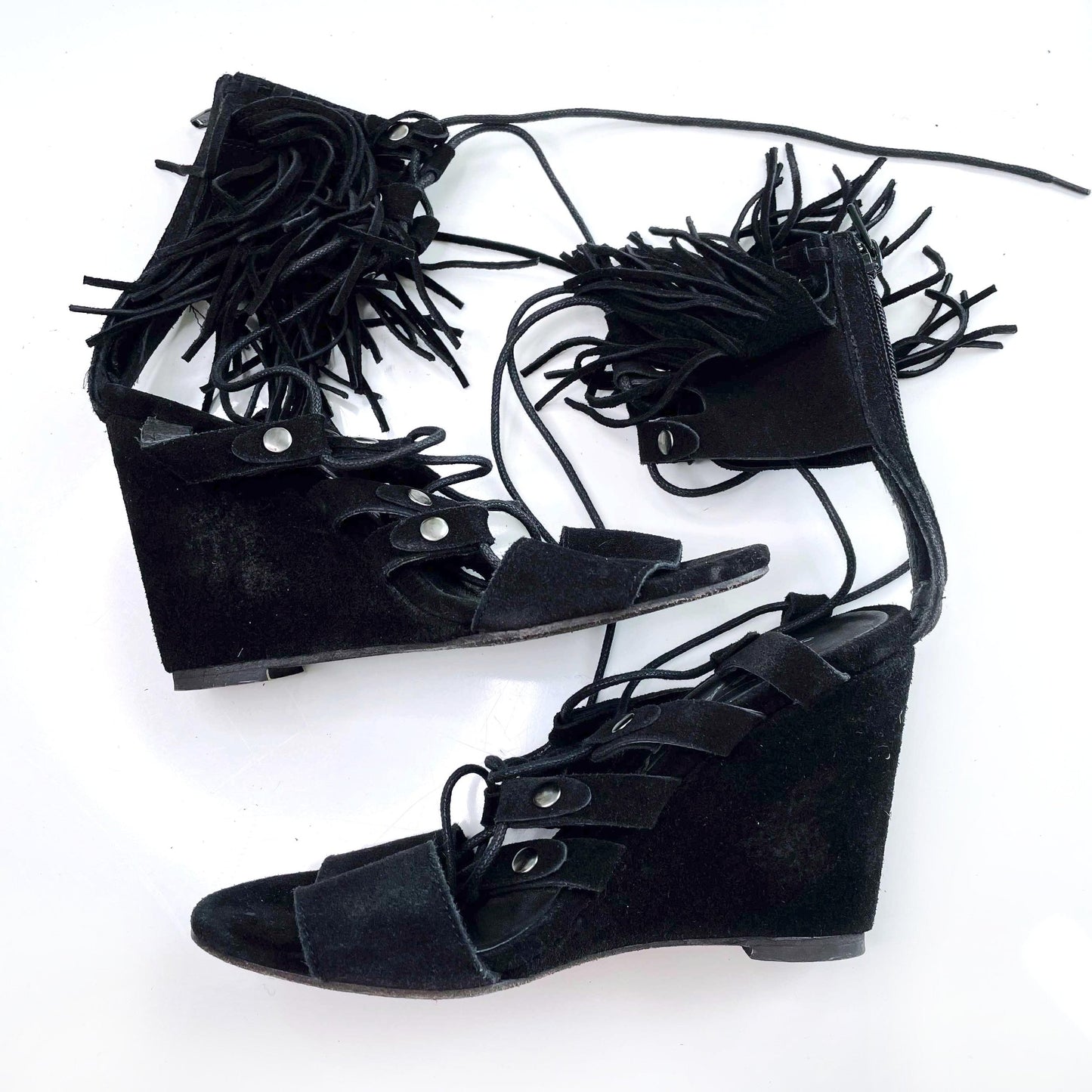 free people solstice black suede gladiator fringe sandals - size 38