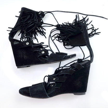 free people solstice black suede gladiator fringe sandals - size 38