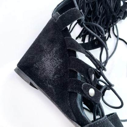 free people solstice black suede gladiator fringe sandals - size 38