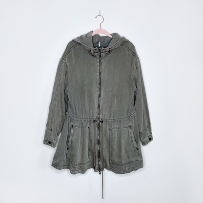 free people green linen hooded drawstring anorak field jacket - size medium