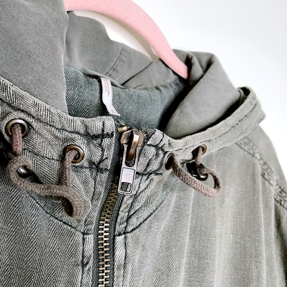 free people green linen hooded drawstring anorak field jacket - size medium