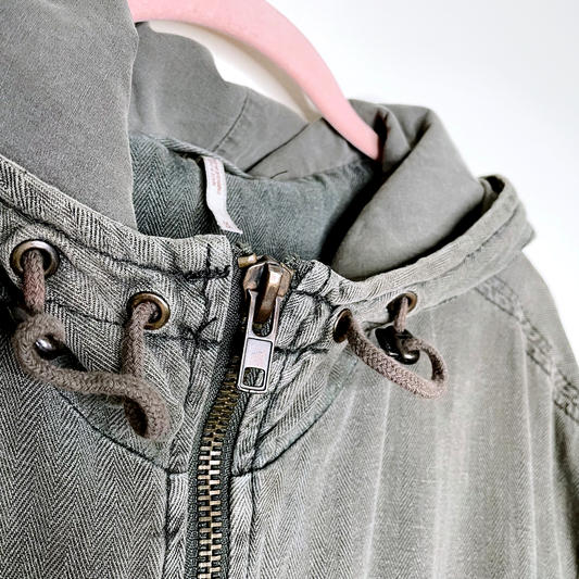 free people green linen hooded drawstring anorak field jacket - size medium