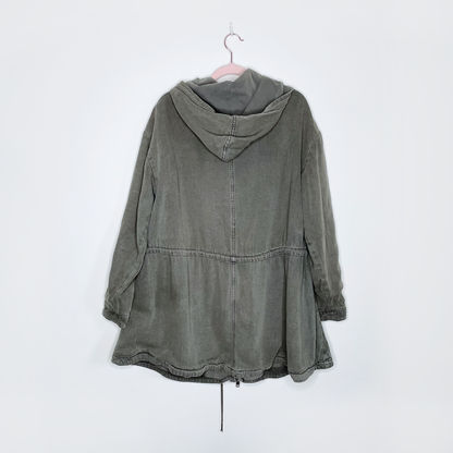 free people green linen hooded drawstring anorak field jacket - size medium