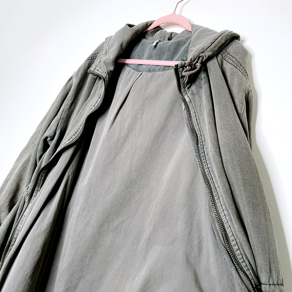 free people green linen hooded drawstring anorak field jacket - size medium