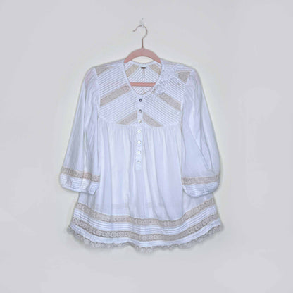 free people white boho peasant blouse with lace - size small