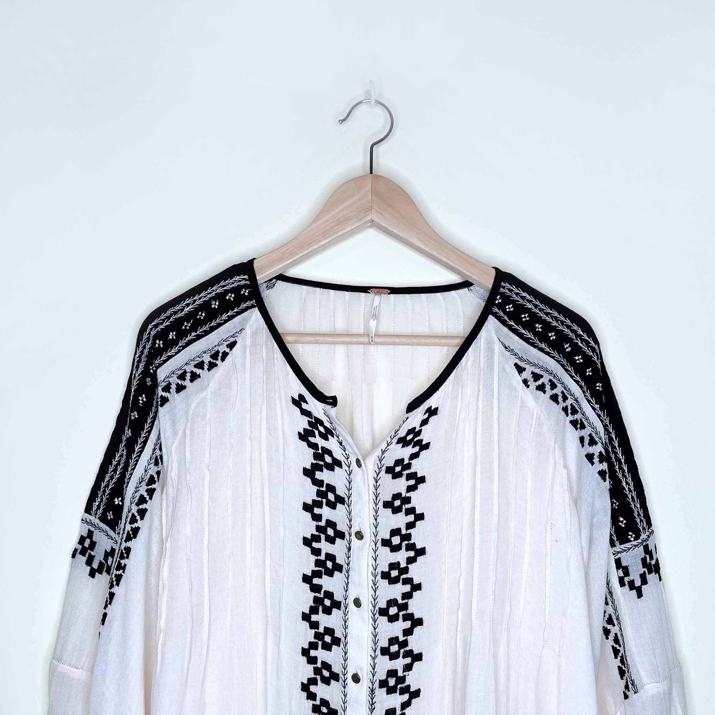 free people cream boho peasant top with black embroidery - size medium