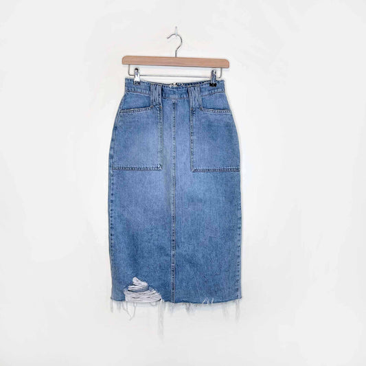 free people elisa high rise denim distressed pencil skirt - size 26
