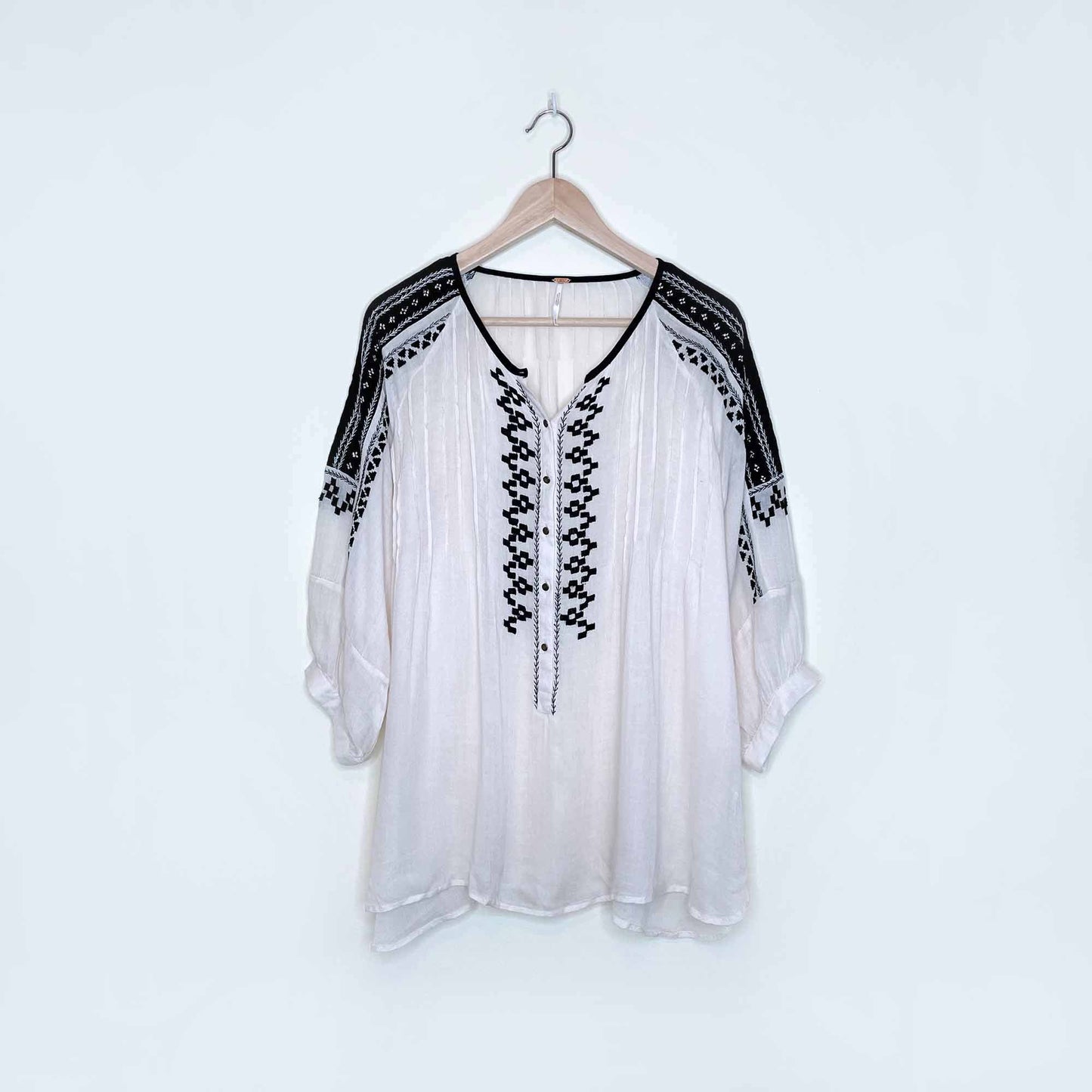 free people cream boho peasant top with black embroidery - size medium