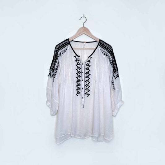 free people cream boho peasant top with black embroidery - size medium