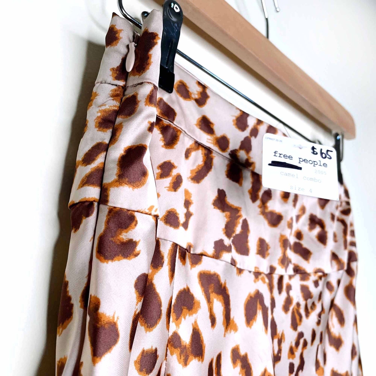 nwt free people normani camel combo leopard satin midi skirt - size 4