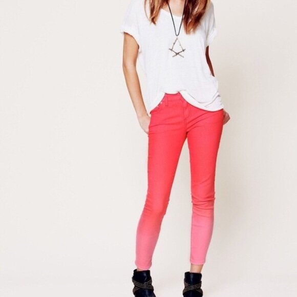free people dip dye red ombre skinny jeans - size 26