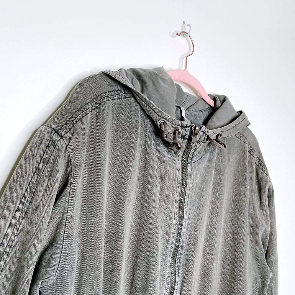 free people green linen hooded drawstring anorak field jacket - size medium