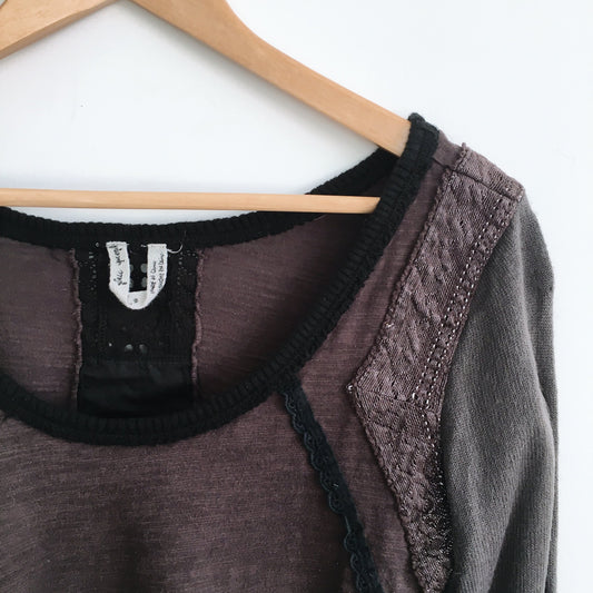Free People Brown Mixed Media Long Sleeve - size Large