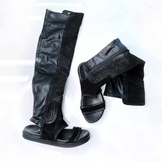 free people black tall leather cut out sandal boots - size 38