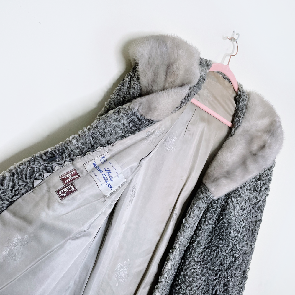 vintage 50s persian curly lamb fur jacket with mink collar - size medium