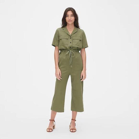 gap utility twill cropped jumpsuit in stone - size 0