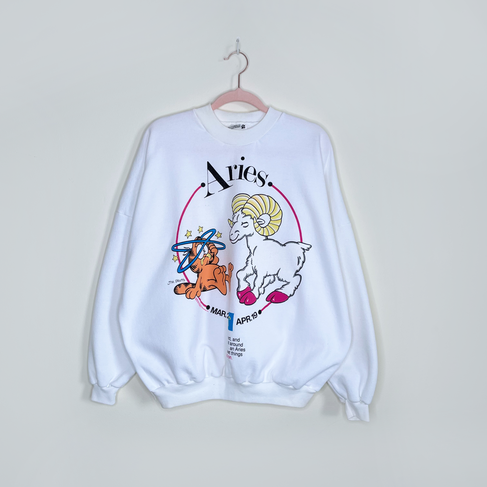 vintage 70's garfield aries astrology sign crewneck fleece sweater - size large