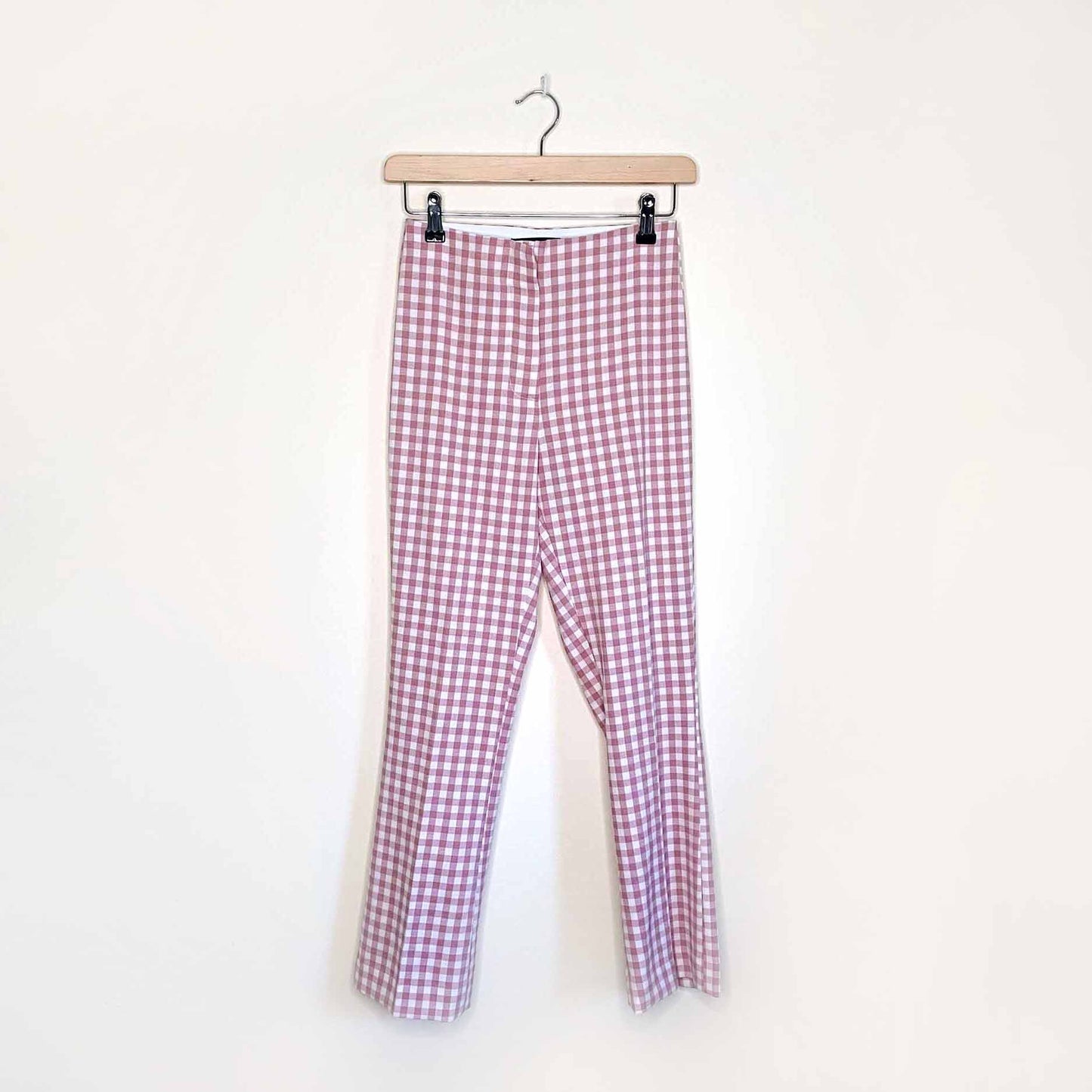 zara pink gingham plaid high rise flared trousers - size xs