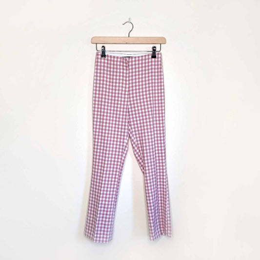 zara pink gingham plaid high rise flared trousers - size xs
