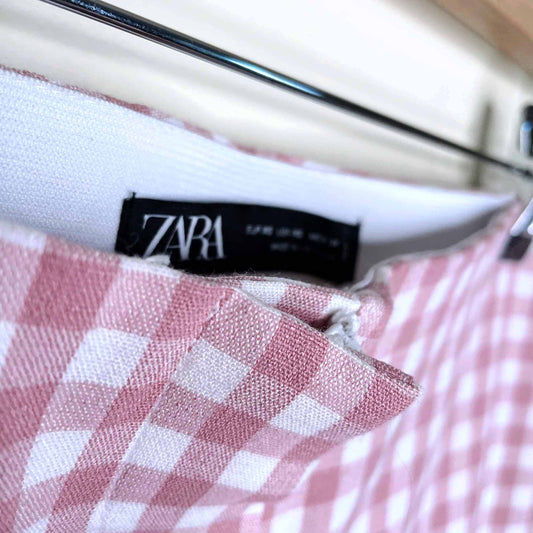 zara pink gingham plaid high rise flared trousers - size xs