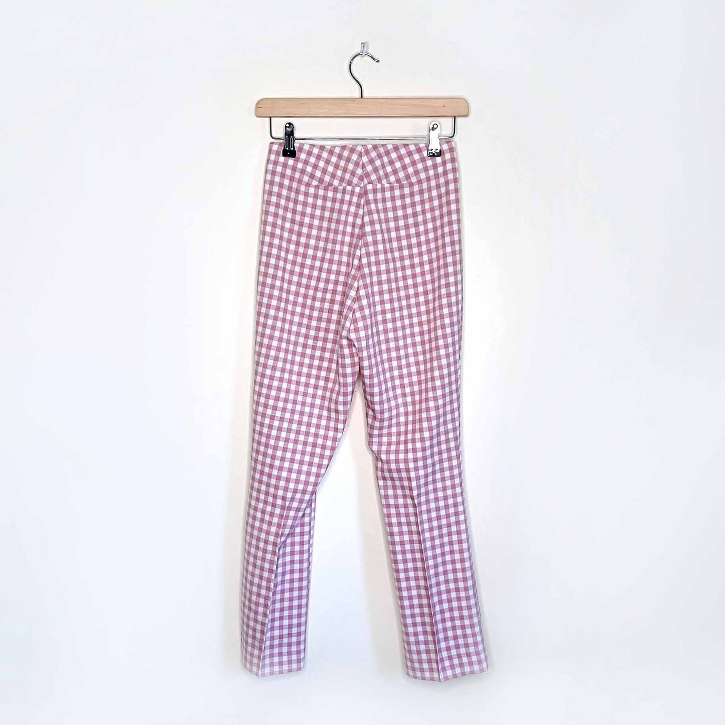 zara pink gingham plaid high rise flared trousers - size xs