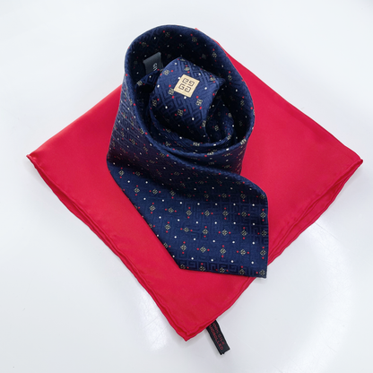 vintage givenchy blue silk monogram tie and pocket square
