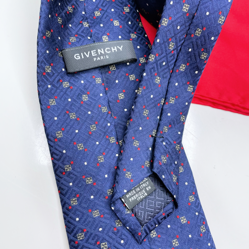 vintage givenchy blue silk monogram tie and pocket square