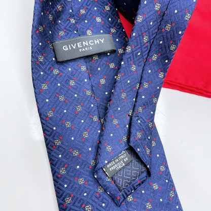 vintage givenchy blue silk monogram tie and pocket square