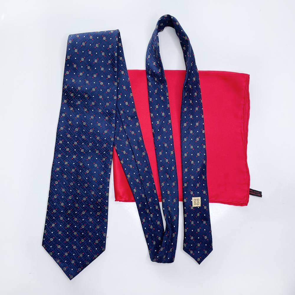 vintage givenchy blue silk monogram tie and pocket square