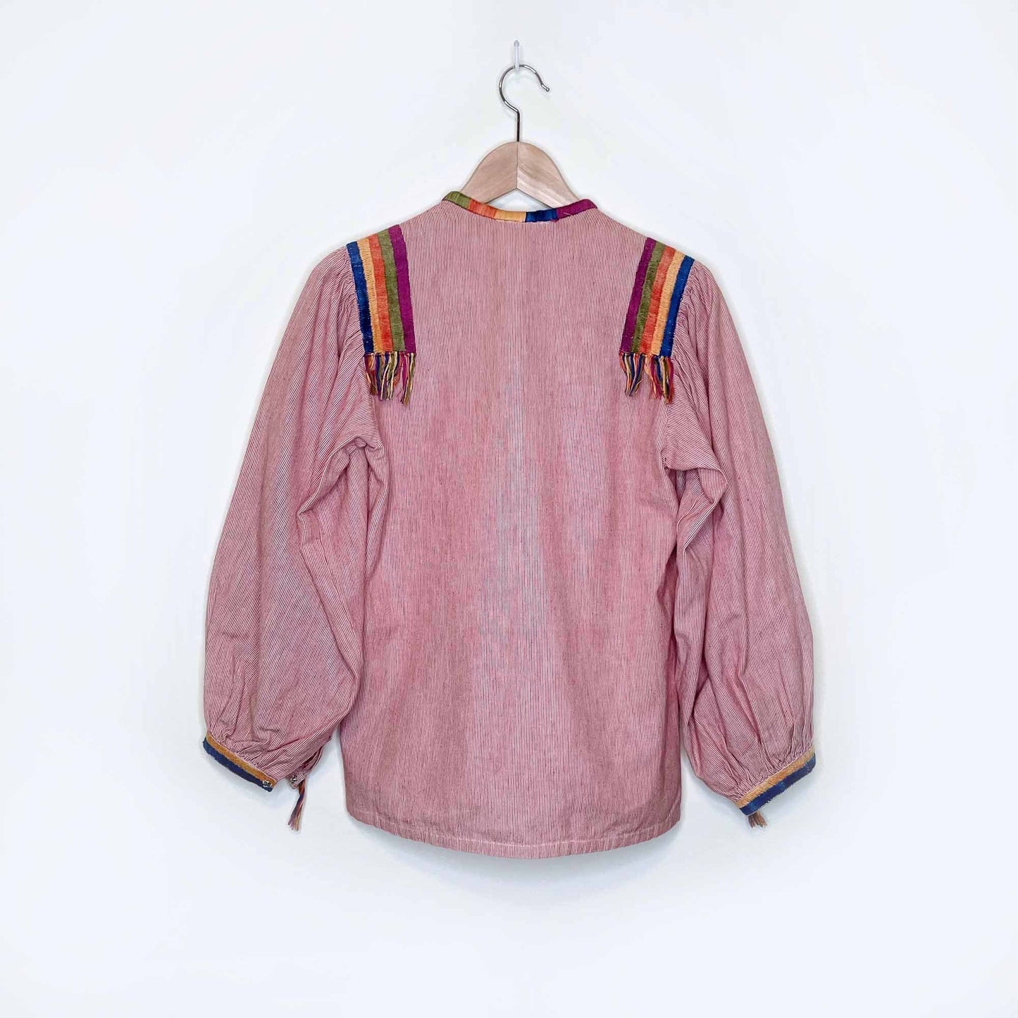 vintage 70's gonzalo bauer hand woven boho tassel shirt with balloon sleeves - size small