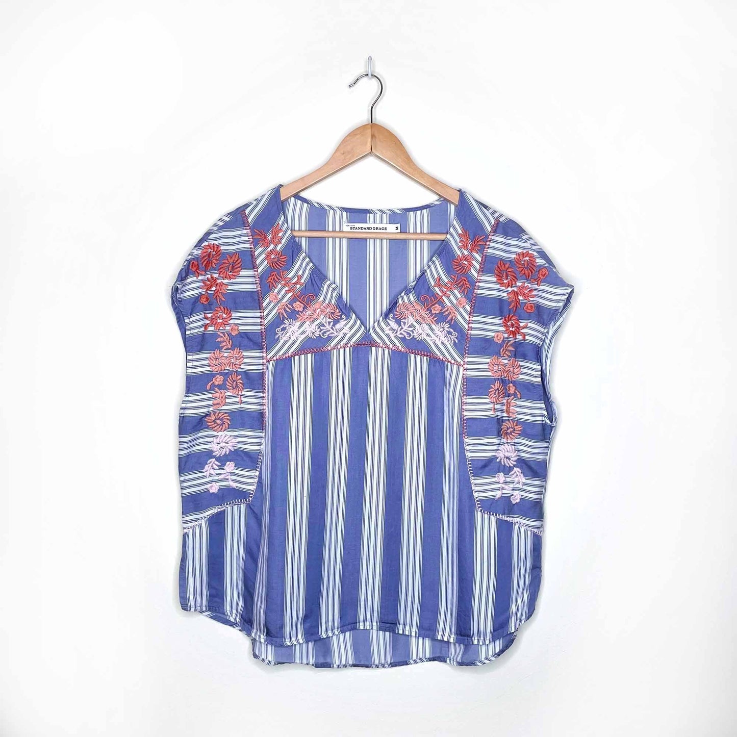 standard grace striped embroidered summer boho top - size medium